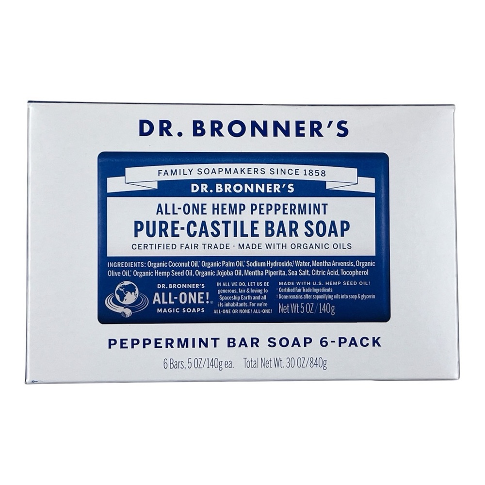 6-Pack Box of Dr. Bronner's Pure Castille Peppermint Bar Soap